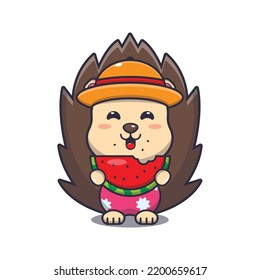 Cute hedgehog eating fresh watermelon cartoon illustration.