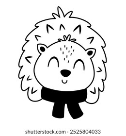 Clipart de rosto de ouriço bonito. Preto e branco cabeça de ouriço clipart doodle. Caráter animal de outono. Ilustração vetorial desenhada à mão em estilo plano