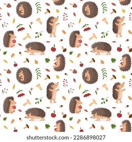 Cute hedgehog, fall leaves pattern. Vintage autumn nature texture, love paper for baby. Decor textile, wrapping and wallpaper design. Vector seamless utter forest mammals cartoon illustration