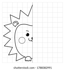 Cute hedgehog. Finish the symmetry of the image with a mesh. Drawing task for preschool kids, vector drawing tutorial with easy play level.