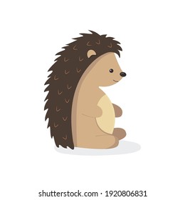 Cute hedgehog in a flat style. Beautiful cartoon hedgehog sitting on the floor, isolated on a white background. Can be for graphics, prints, banners, stickers and postcards. Vector illustration.