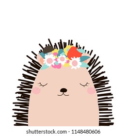 Cute hedgehog with floral wreath. Kids graphic. Vector hand drawn illustration. Cute hedgehog with floral wreath. Kids graphic. Vector hand drawn illustration.