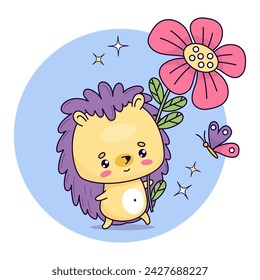 Cute hedgehog with flower and butterfly. Vector illustration. Funny cartoon kawaii animal character. Kids collection
