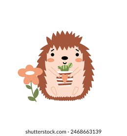 Cute hedgehog and flower in a cartoon style isolated on white background. Hand drawn illustration for greeting card, poster or kids wear. Vector illustration.