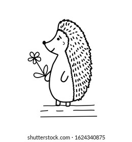 Cute hedgehog with flower in doodle style. Print for coloring, cards, t-shirts, cups, baby clothes and books. Logo symbol vector illustration outline design on a white background