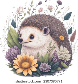 Cute Hedgehog with Flower Splash Colorful Watercolor Domestic Pet 3D Vector Artwork Flowers and Leaves a high detailed illustration  T-shirt design Mug print Sublimation print Laser Print