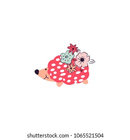 Cute hedgehog with flowers cartoon vector illustration.