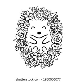 Cute hedgehog with flowers lies on back. Hedgehog with leaves instead of needles. Vector illustration.