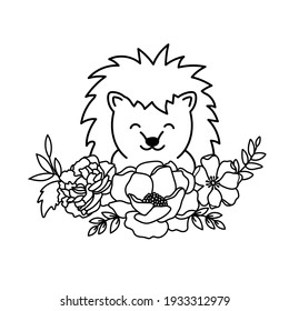 Cute hedgehog with flowers. Vector outline illustration. Print on t-shirt, children's invitation, card, coloring book