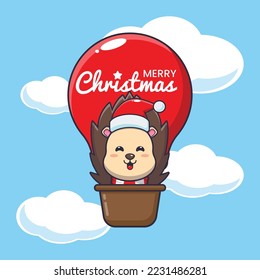 Cute hedgehog fly with air balloon. Cute christmas cartoon illustration. 