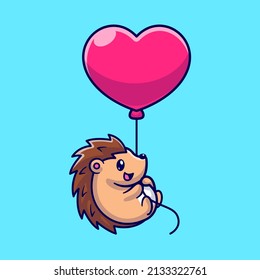  Cute Hedgehog Fliegen mit Liebe Herz Ballon Cartoon Vektorsymbol Illustration. Tiernatur-Symbol Konzept isolierter Premium-Vektorgrafik. Flachbildkartonstil