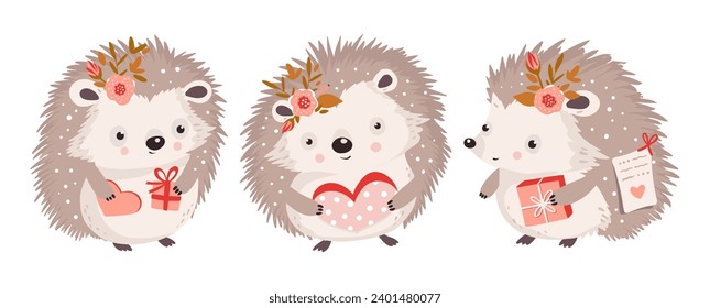 Cute hedgehog forest small animal character set with gift heart and flower. Valentines day vector happy funny greeting card birthday.
