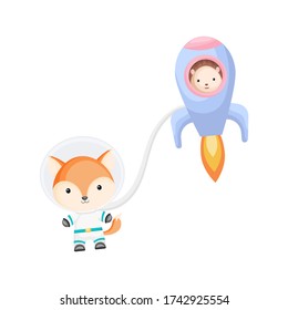 Cute hedgehog and fox astronauts flying in rocket and open space. Graphic element for childrens book, album, postcard, invitation. Flat vector stock illustration isolated on white background.