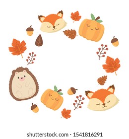 cute hedgehog fox heads pumpkins leaves autumn on white background vector illustration
