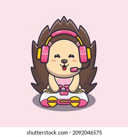 Cute hedgehog gamer. Cute cartoon animal illustration.