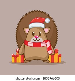 cute hedgehog and gift box. christmas vector illustration
