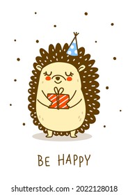 Corte hedgehog con regalo aislado en blanco - personaje de caricatura para Tu feliz cumpleaños diseño