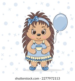 cute hedgehog girl in a blue dress with a balloon
