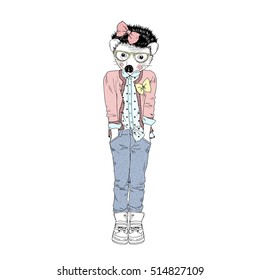 cute hedgehog girl hipster, anthropomorphic illustration for kids