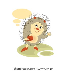 Cute hedgehog girl holding handbag. Sticker, badge with quote. Lovely happy funny character.