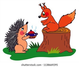 Cute hedgehog gives a bowl of soup to his squirrel friend in the forest. Colored vector for card or gift. 