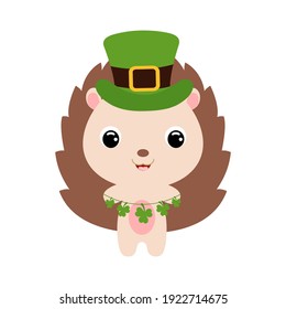 Cute hedgehog in green leprechaun hat. Cartoon sweet animal with clovers. Vector St. Patrick's Day illustration on white background. Irish holiday folklore theme.