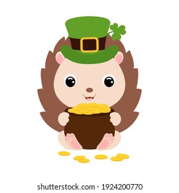 Cute hedgehog in green leprechaun hat with clover holds bowler with gold coins. Cartoon sweet animal. Vector St. Patrick's Day illustration on white background. Irish holiday folklore theme.