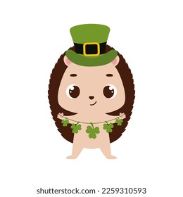 Cute hedgehog in green leprechaun hat with clover. Irish holiday folklore theme. Cartoon design for cards, decor, shirt, invitation. Vector stock illustration.