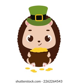 Cute hedgehog in green leprechaun hat holds bowler with gold coins. Irish holiday folklore theme. Cartoon design for cards, decor, shirt, invitation. Vector stock illustration.