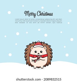Cute hedgehog greeting merry christmas and happy new year cartoon doodle card background illustration flat cartoon style