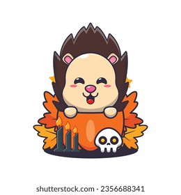 Cute hedgehog in halloween pumpkin. Cute halloween cartoon illustration. 