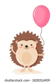 Cute hedgehog hand drawn illustraion with pink rose balloon. Autumn color poster. Good for posters, greeting cards, banners, textiles, gifts, shirts, mugs. Nursery room decoration. Birthday Card.