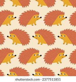 Cute hedgehog hand drawn vector illustration. Adorable baby character in flat style. Forest animal seamless pattern for kids fabric or wallpaper.