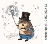 Cute hedgehog in hat holding  dandelion vintage style vector illustration
