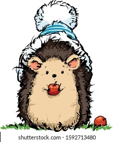 cute hedgehog in a hat with a pompom holding a red apple in his paws