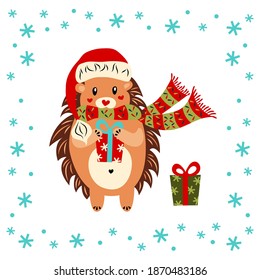 Cute hedgehog in hat, scarf with Christmas gift and snowflakes. Cartoon character. New Year. Flat design. Vector illustration. Funny animal. Isolated image white background. Greeting card.