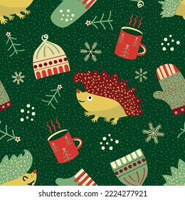 Cute hedgehog, hats, gloves seamless vector pattern backdground. Fun hedgehogs with warm winter clothes and drink backdrop. Animal cartoon character in traditional seasonal colours. Christmas repeat.