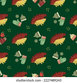 Cute hedgehog, hats, gloves seamless vector pattern backdground. Fun hedgehogs with warm winter clothes and drink backdrop. Animal cartoon character in traditional seasonal colours. Christmas repeat.