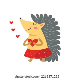 Cortar el erizo con el corazón. Feliz animal salvaje yendo a la fiesta. Caricatura, ilustración de vector dibujada a mano para niños, aislado. Diseño plano. Idea para imprimir en tarjetas de cumpleaños o de San Valentín.