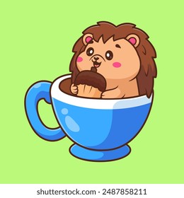 Cute Hedgehog Holding Acorn In Cup Coffee Cartoon Vector Icon Illustration. Animal Drink Icon Concept Isolated Premium Vector. Flat Cartoon Style