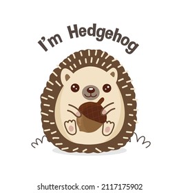 Cute Hedgehog holding acorn. Vector illustration in cartoon style