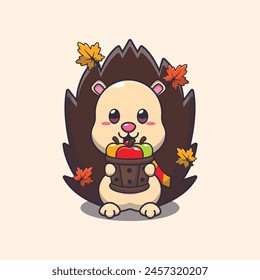 Cute hedgehog holding a apple in wood bucket. Mascot cartoon vector illustration suitable for poster, brochure, web, mascot, sticker, logo and icon.