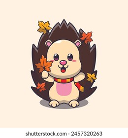 Lindo erizo sosteniendo la hoja de otoño. Ilustración vectorial de dibujos animados de la mascota conveniente para el póster, folleto, Web, mascota, etiqueta engomada, logotipo e icono.