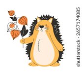 Cute hedgehog holding autumn physalis branch flat style children’s illustration perfect for thanksgiving forest cards posters and seasonal designs

