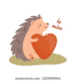 Cute hedgehog holding big heart. Be mine lettering. Valentine's day card concept. Vector Illustration