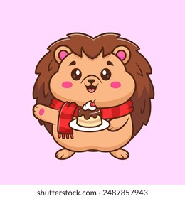 Cute Hedgehog Holding Birthday Cake Cartoon Vector Icon Illustration. Animal Food Icon Concept Isolated Premium Vector. Flat Cartoon Style