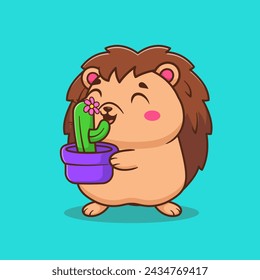 Cute Hedgehog Holding Cactus Cartoon Vector Icon Illustration. Animal Nature Icon Concept Isolated Premium Vector. Flat Cartoon Style