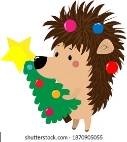 cute hedgehog holding a Christmas tree. the herringbone is decorated with glass balls: red, blue, yellow, pink.