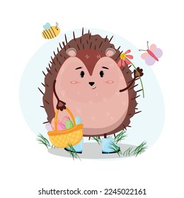 Cute hedgehog holding a flower and a basket filled with painted eggs for Easter.