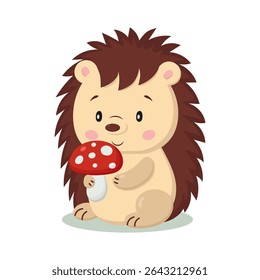  cute hedgehog holding mushroom. Perfect for children`s designs, greeting cards, nursery art or autumn themed projects.